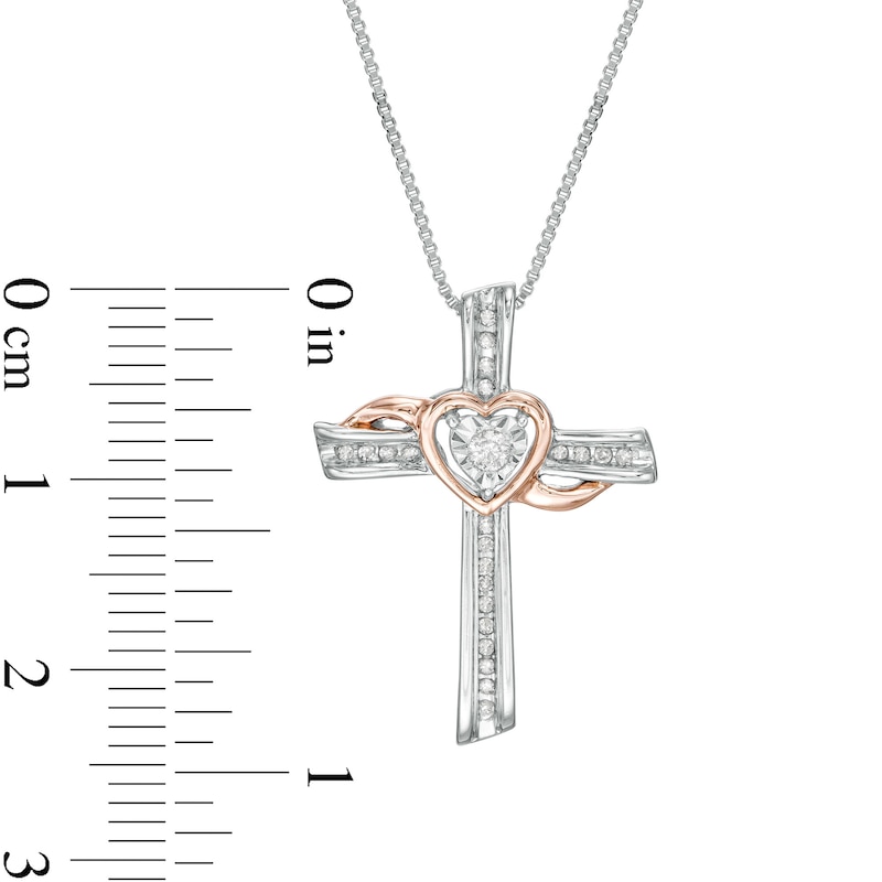 Main Image 2 of 1/10 CT. T.W. Diamond Cross with Heart and Sash Pendant in Sterling Silver and 10K Rose Gold