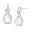 Button Cultured Freshwater Pearl and Lab-Created White Sapphire Infinity Frame Drop Earrings in Sterling Silver