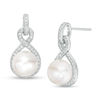 Thumbnail Image 0 of Button Cultured Freshwater Pearl and Lab-Created White Sapphire Infinity Frame Drop Earrings in Sterling Silver