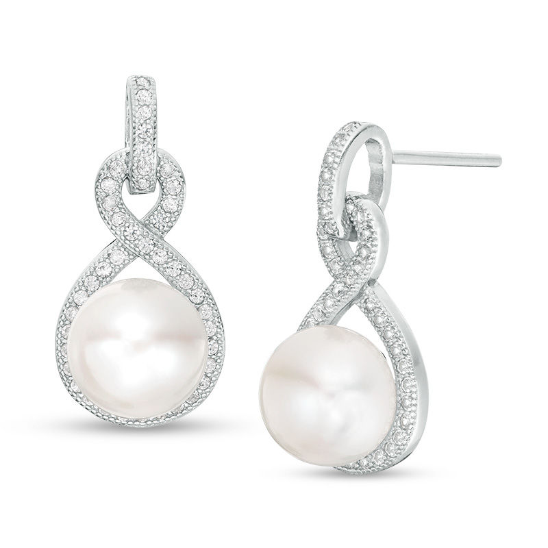 Main Image 1 of Button Freshwater Cultured Pearl and Lab-Created White Sapphire Infinity Frame Drop Earrings in Sterling Silver