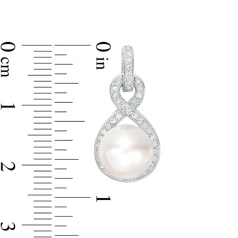 Main Image 2 of Button Freshwater Cultured Pearl and Lab-Created White Sapphire Infinity Frame Drop Earrings in Sterling Silver