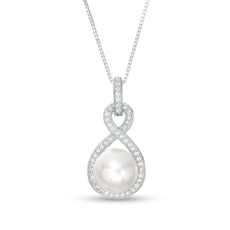 Button Cultured Freshwater Pearl and Lab-Created White Sapphire Infinity Frame Drop Pendant in Sterling Silver