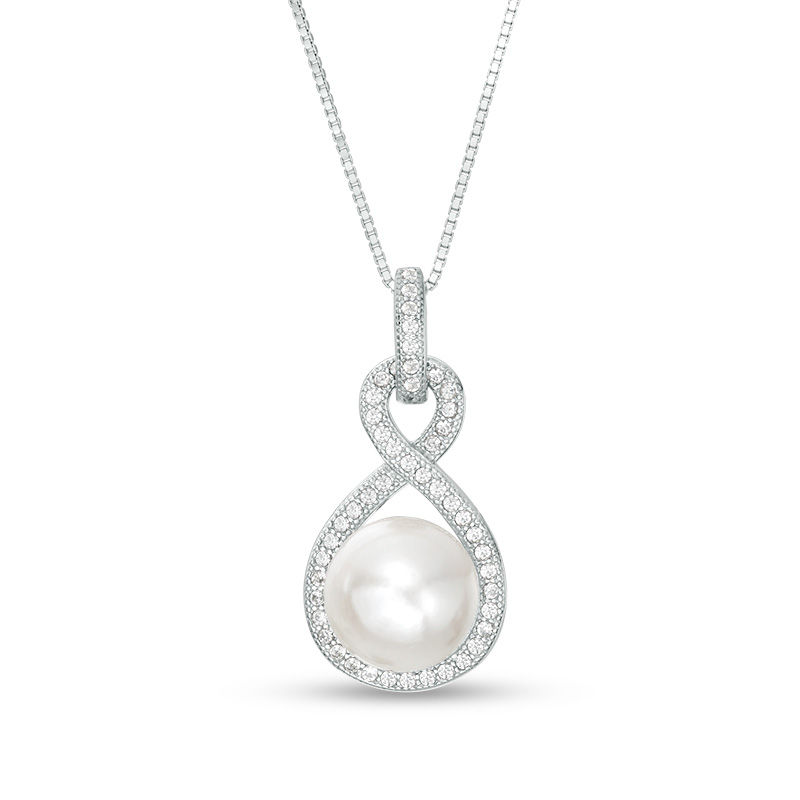 Main Image 1 of Button Freshwater Cultured Pearl and Lab-Created White Sapphire Infinity Frame Drop Pendant in Sterling Silver