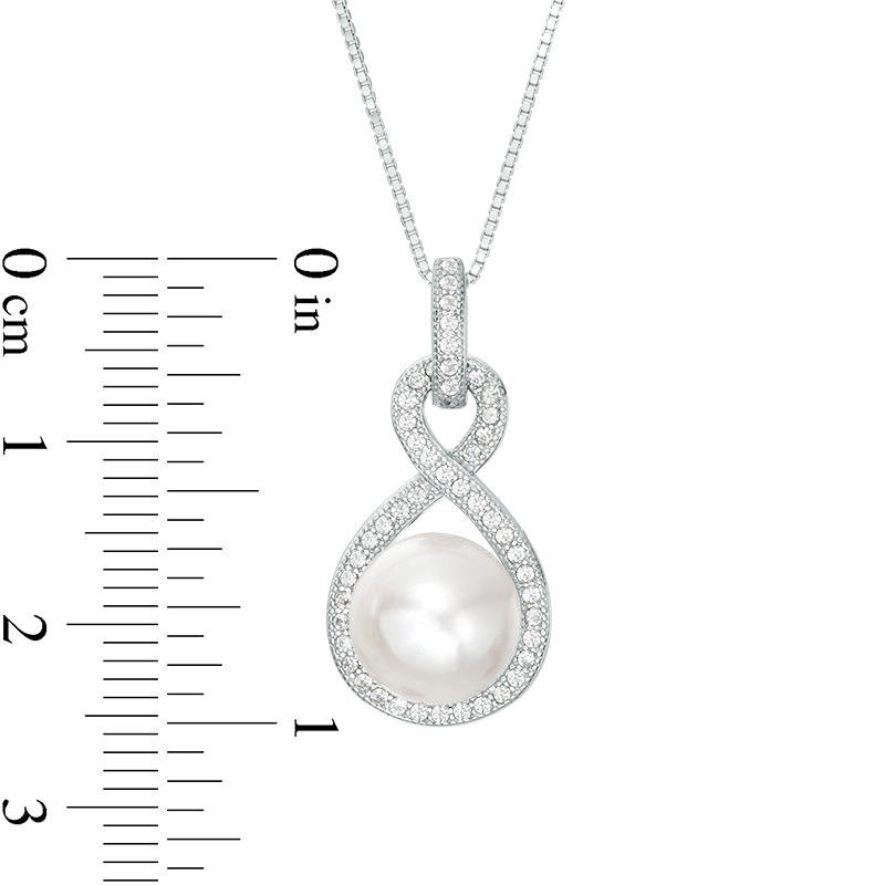 Main Image 2 of Button Freshwater Cultured Pearl and Lab-Created White Sapphire Infinity Frame Drop Pendant in Sterling Silver