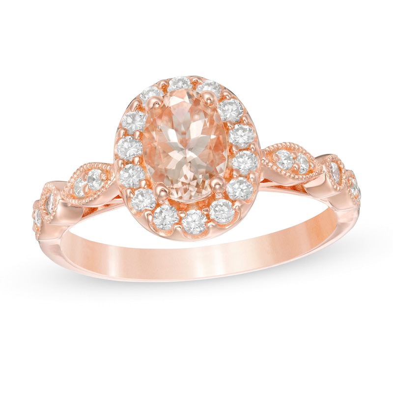 Main Image 1 of Oval Morganite and 3/8 CT. T.W. Diamond Art Deco Ring in 10K Rose Gold