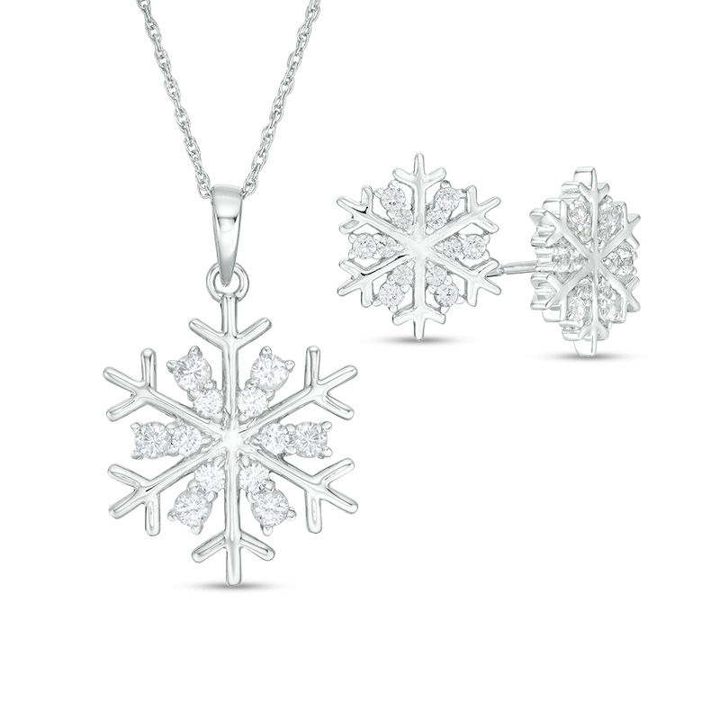 Lab-Created White Sapphire Snowflake Pendant and Stud Earrings Set in Sterling Silver