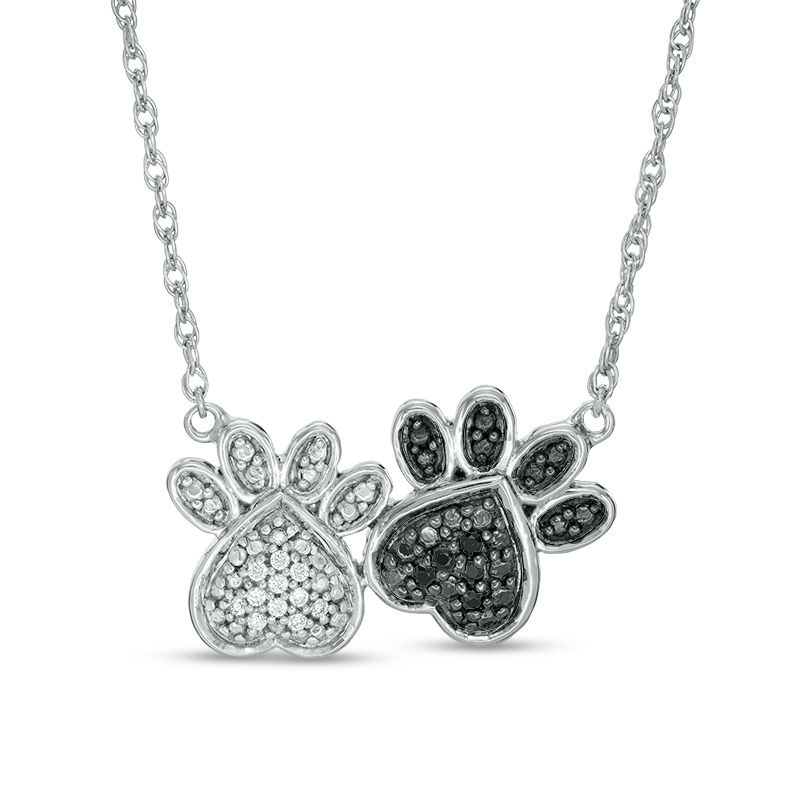 Main Image 1 of 1/20 CT. T.W. Enhanced Black and White Diamond Double Paw Print Necklace in Sterling Silver
