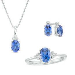 Oval Lab-Created Blue Sapphire and Diamond Accent Pendant, Stud Earrings and Ring Set in Sterling Silver - Size 7