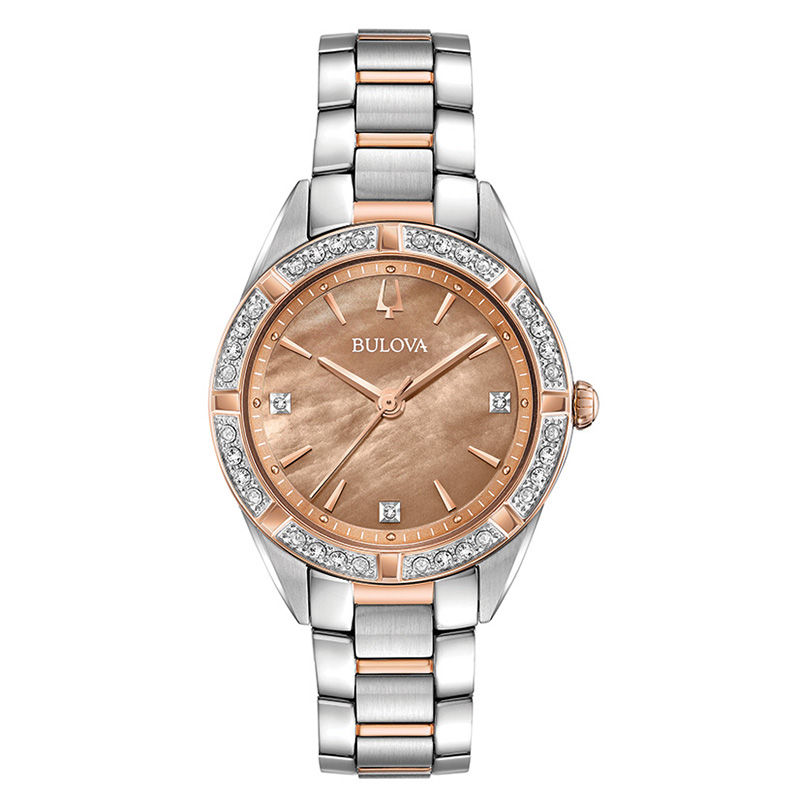 Ladies' Bulova Sutton Diamond Accent Two-Tone Watch with Brown Mother-of-Pearl Dial (Model: 98R264)