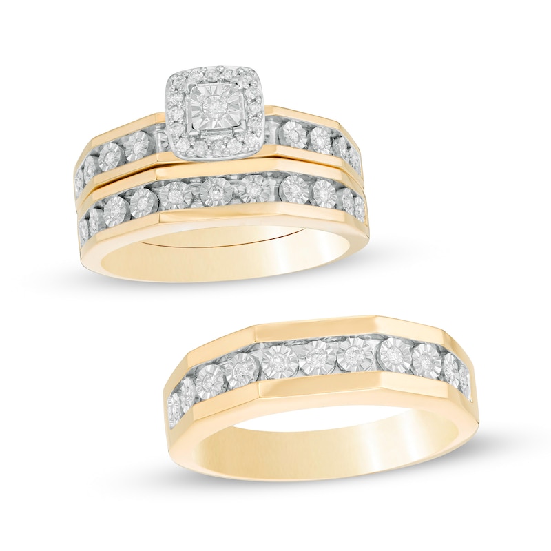 Ladies' and Men's 1/4 CT. T.W. Diamond Frame Three Piece Bridal and Wedding Band Set in 10K Two-Tone Gold
