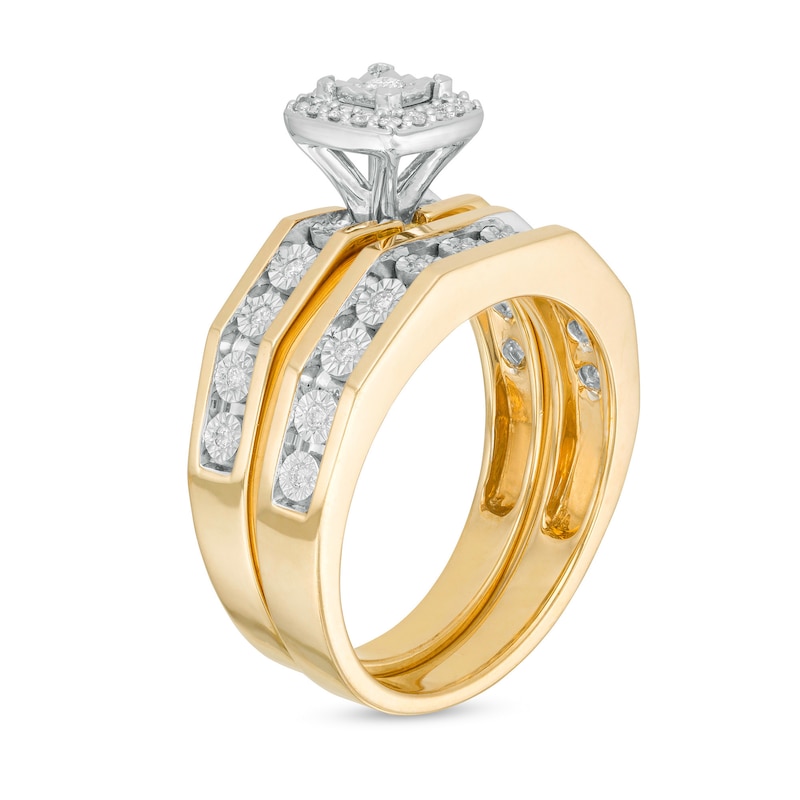 Ladies' and Men's 1/4 CT. T.W. Diamond Frame Three Piece Bridal and Wedding Band Set in 10K Two-Tone Gold