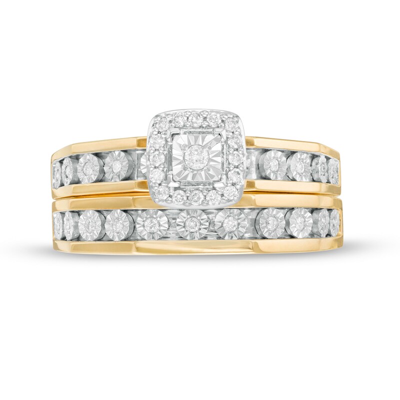 Ladies' and Men's 1/4 CT. T.W. Diamond Frame Three Piece Bridal and Wedding Band Set in 10K Two-Tone Gold