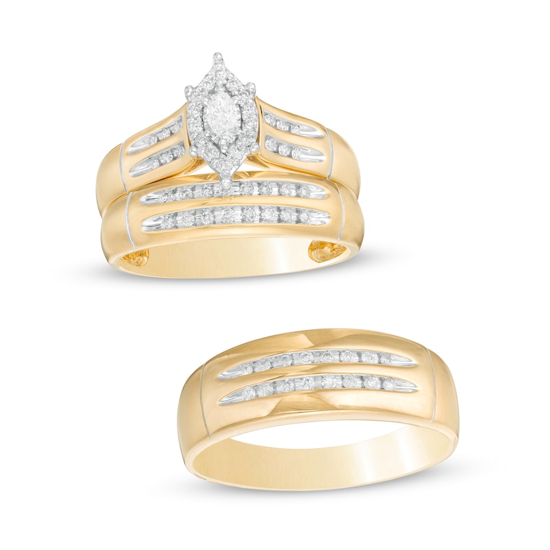 Main Image 1 of and 3/8 CT. T.W. Marquise Diamond Frame Three Piece Bridal and Wedding Band Set in 10K Two-Tone Gold