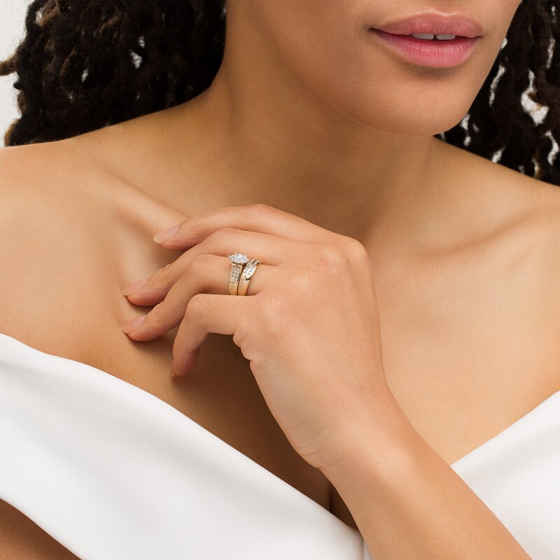 Main Image 3 of and 3/8 CT. T.W. Marquise Diamond Frame Three Piece Bridal and Wedding Band Set in 10K Two-Tone Gold
