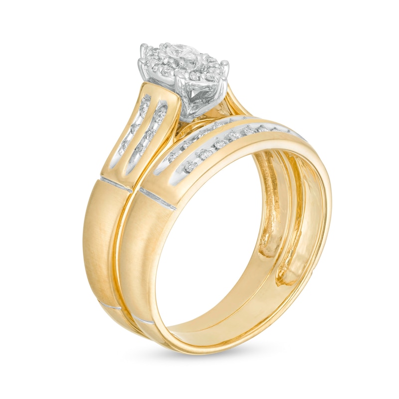 Main Image 4 of and 3/8 CT. T.W. Marquise Diamond Frame Three Piece Bridal and Wedding Band Set in 10K Two-Tone Gold