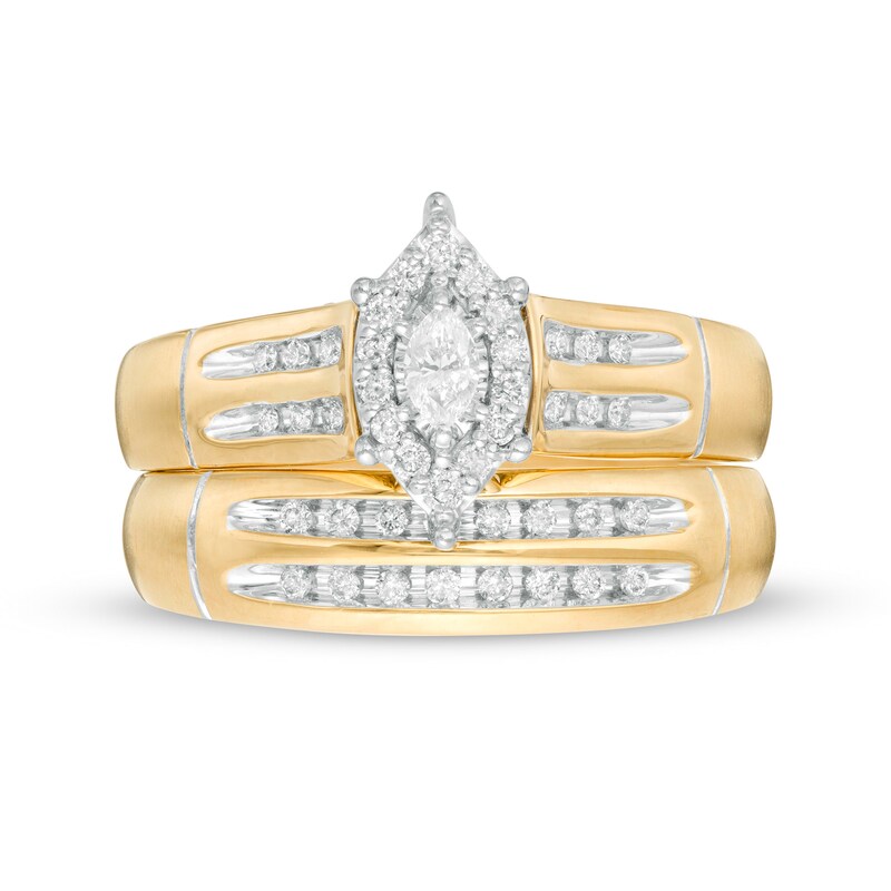 Main Image 6 of and 3/8 CT. T.W. Marquise Diamond Frame Three Piece Bridal and Wedding Band Set in 10K Two-Tone Gold