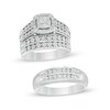 Thumbnail Image 1 of 1/2 CT. T.W. Diamond Double Cushion Frame Wedding Ensemble in 10K White Gold - Size 7 and 10