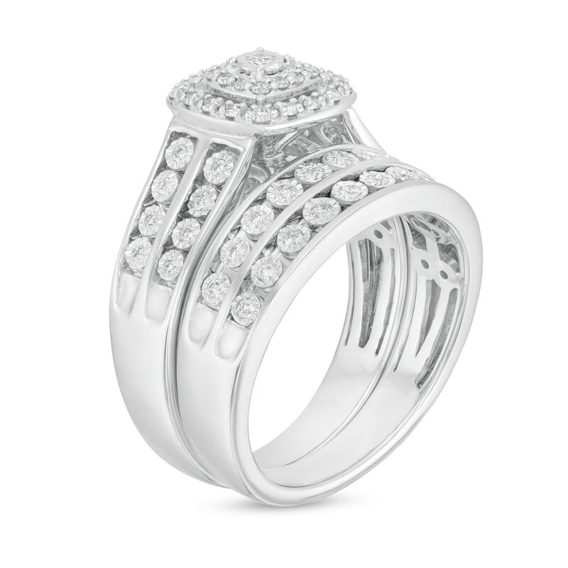 Main Image 4 of 1/2 CT. T.W. Diamond Double Cushion Frame Wedding Ensemble in 10K White Gold - Size 7 and 10