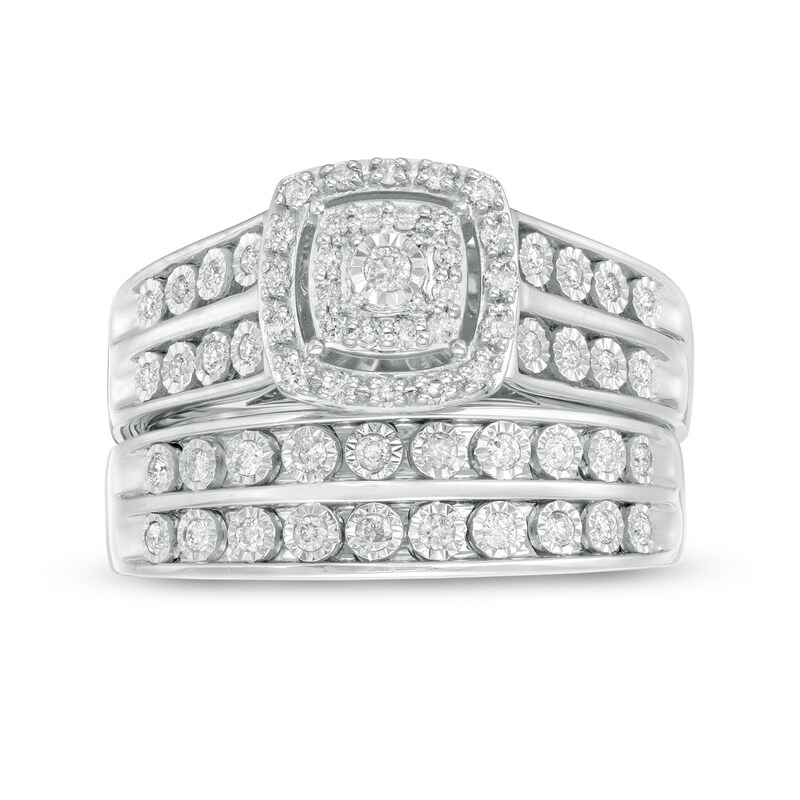 Main Image 6 of 1/2 CT. T.W. Diamond Double Cushion Frame Wedding Ensemble in 10K White Gold - Size 7 and 10