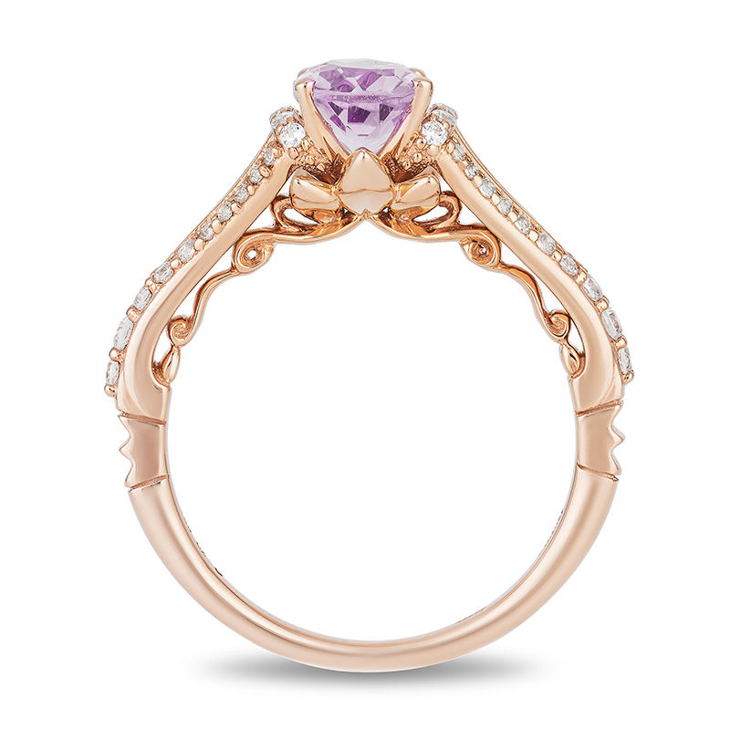 Enchanted Disney Rapunzel Oval Rose de France Amethyst and 1/3 CT. T.W. Diamond Engagement Ring in 14K Rose Gold