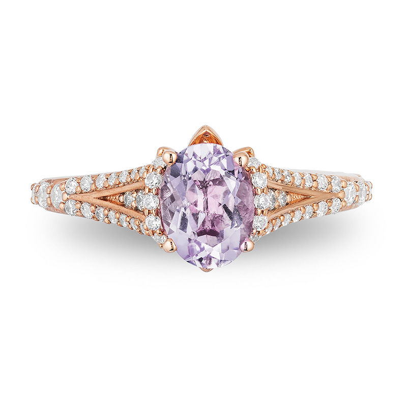 Enchanted Disney Rapunzel Oval Rose de France Amethyst and 1/3 CT. T.W. Diamond Engagement Ring in 14K Rose Gold