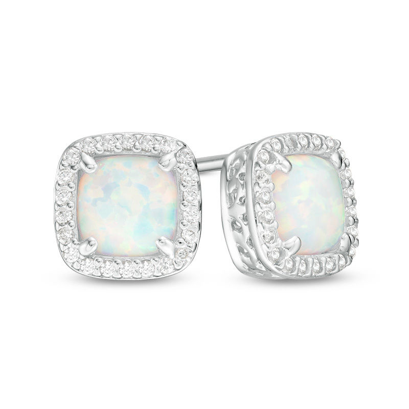 6.0mm Cushion-Cut Lab-Created Opal and White Sapphire Frame Stud Earrings in Sterling Silver