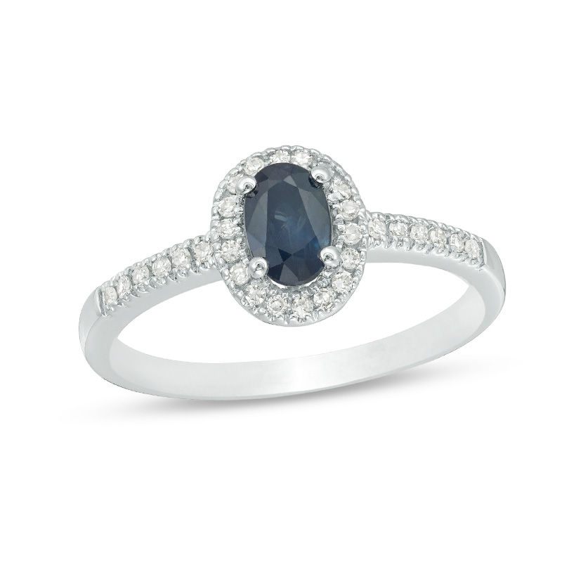 Main Image 1 of Oval Blue Sapphire and 1/8 CT. T.W. Diamond Frame Engagement Ring in 14K White Gold