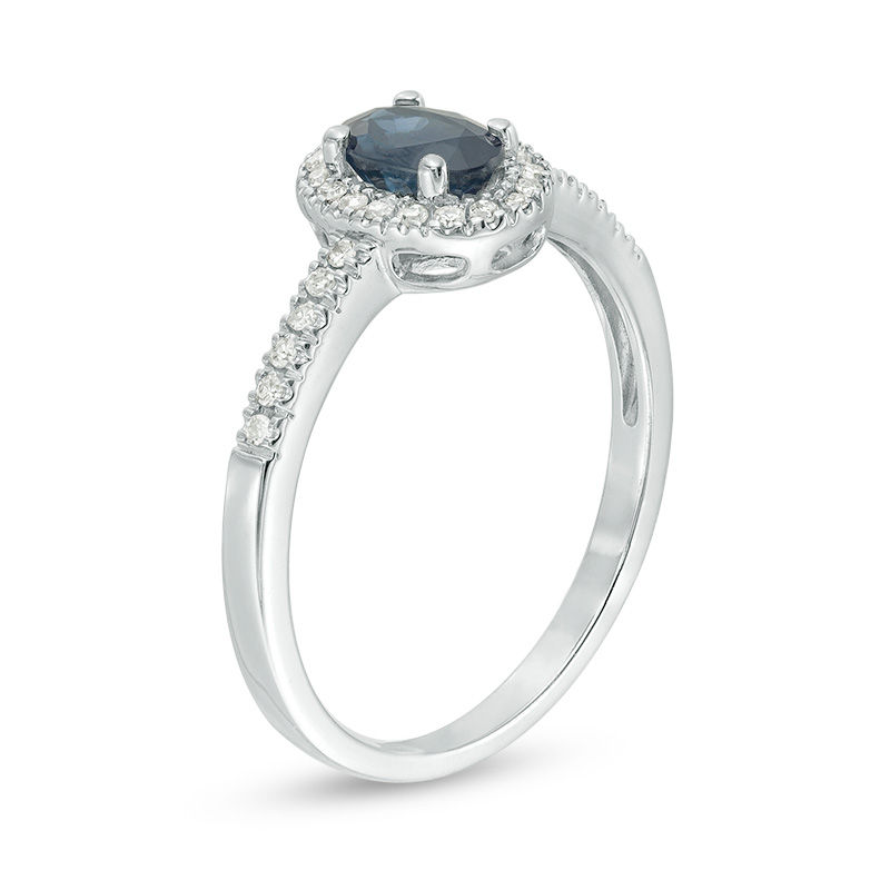 Main Image 2 of Oval Blue Sapphire and 1/8 CT. T.W. Diamond Frame Engagement Ring in 14K White Gold