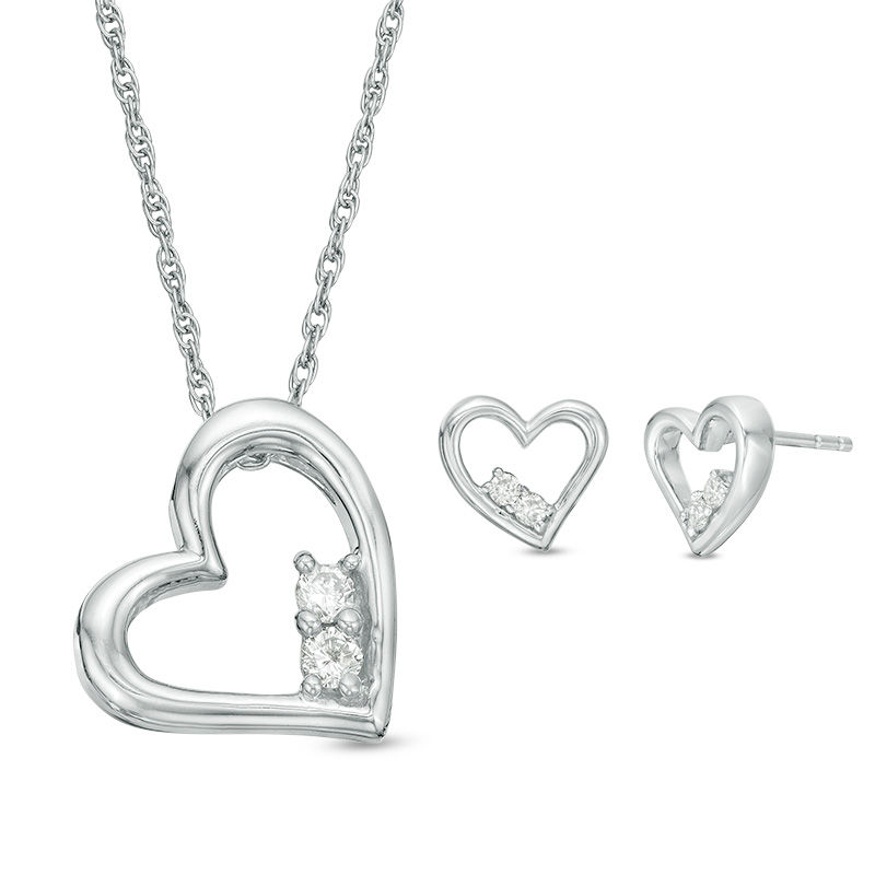 1/5 CT. T.W. Diamond Heart Pendant and Stud Earrings Set in Sterling Silver