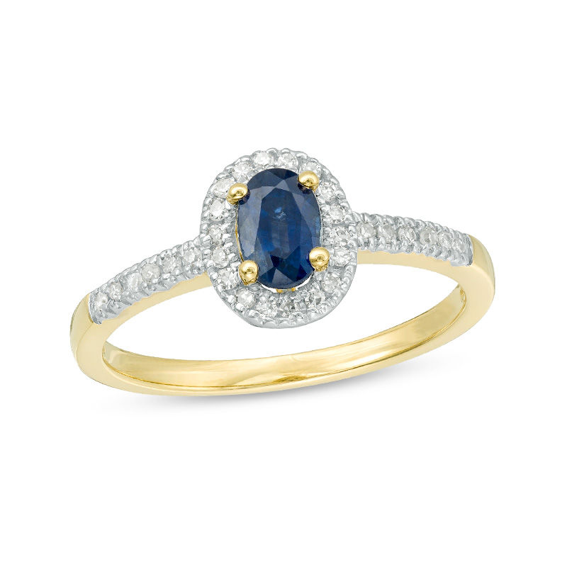 Main Image 1 of Oval Blue Sapphire and 1/8 CT. T.W. Diamond Frame Engagement Ring in 14K Gold