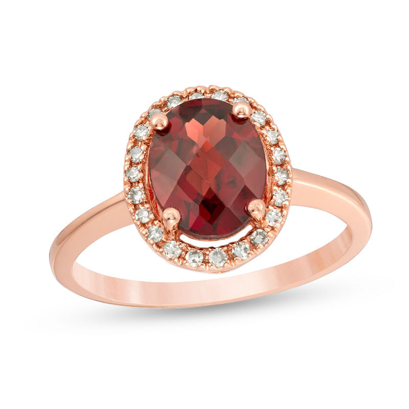 Main Image 1 of Oval Garnet and 1/8 CT. T.W. Diamond Frame Engagement Ring in 14K Rose Gold
