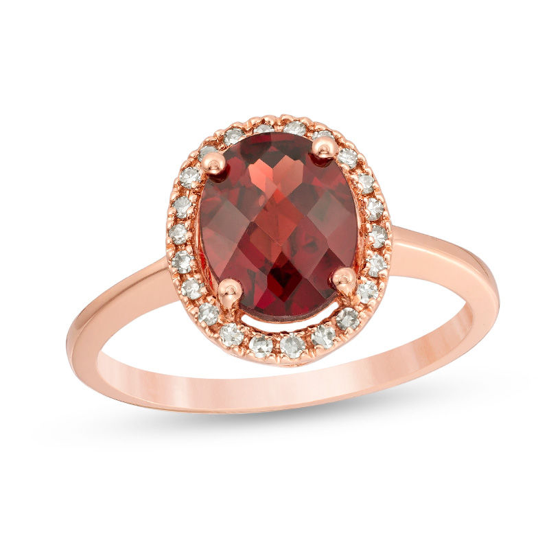 Oval Garnet and 1/8 CT. T.W. Diamond Frame Engagement Ring in 14K Rose Gold