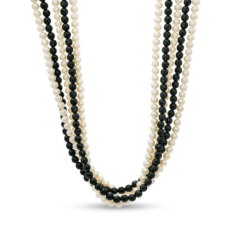 Main Image 1 of Freshwater Cultured Pearl and Onyx Twist Multi-Strand Necklace with Sterling Silver Clasp-19.5"