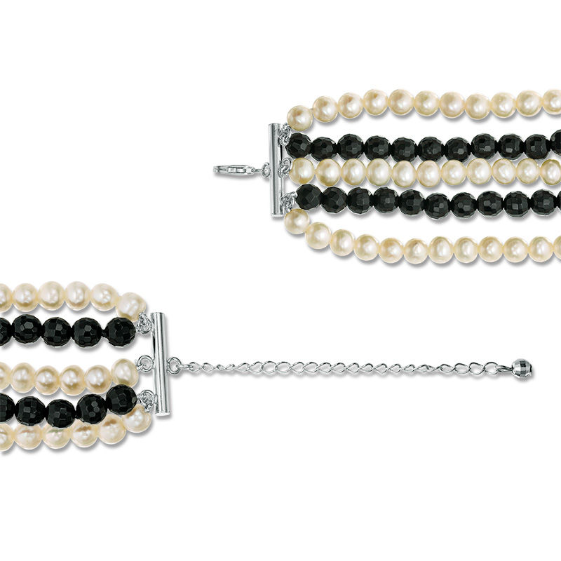 Main Image 2 of Freshwater Cultured Pearl and Onyx Twist Multi-Strand Necklace with Sterling Silver Clasp-19.5"