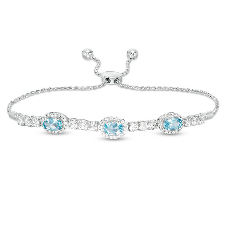 Sideways Oval Swiss Blue Topaz and Lab-Created White Sapphire Frame Three Stone Bolo Bracelet in Sterling Silver - 9.5"