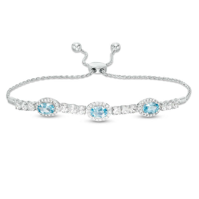 Main Image 1 of Sideways Oval Swiss Blue Topaz and Lab-Created White Sapphire Frame Three Stone Bolo Bracelet in Sterling Silver - 9.5"
