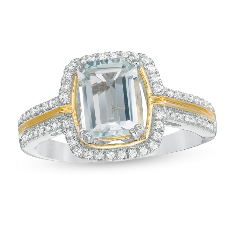 Main Image 1 of Emerald-Cut Aquamarine and 1/5 CT. T.W. Diamond Frame Ring in 10K Two-Tone Gold