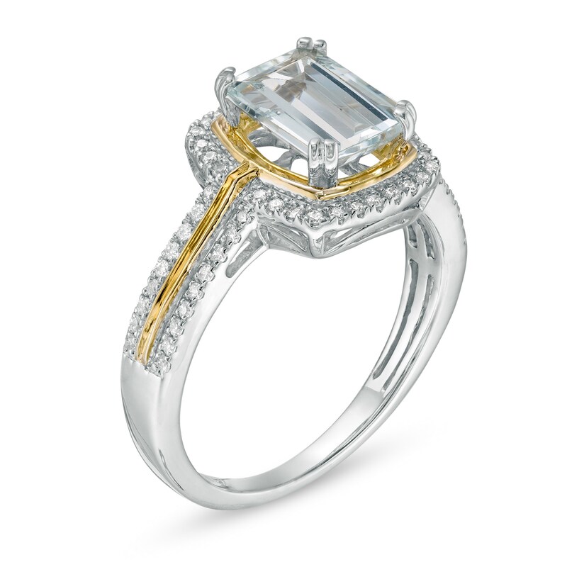 Main Image 2 of Emerald-Cut Aquamarine and 1/5 CT. T.W. Diamond Frame Ring in 10K Two-Tone Gold