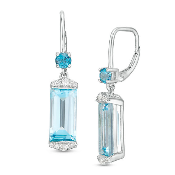 Elongated Baguette Swiss and London Blue Topaz with Lab-Created White Sapphire Drop Earrings in Sterling Silver Elongated Baguette Swiss and London Blue Topaz with Lab-Created White Sapphire Drop Earrings in Sterling Silver