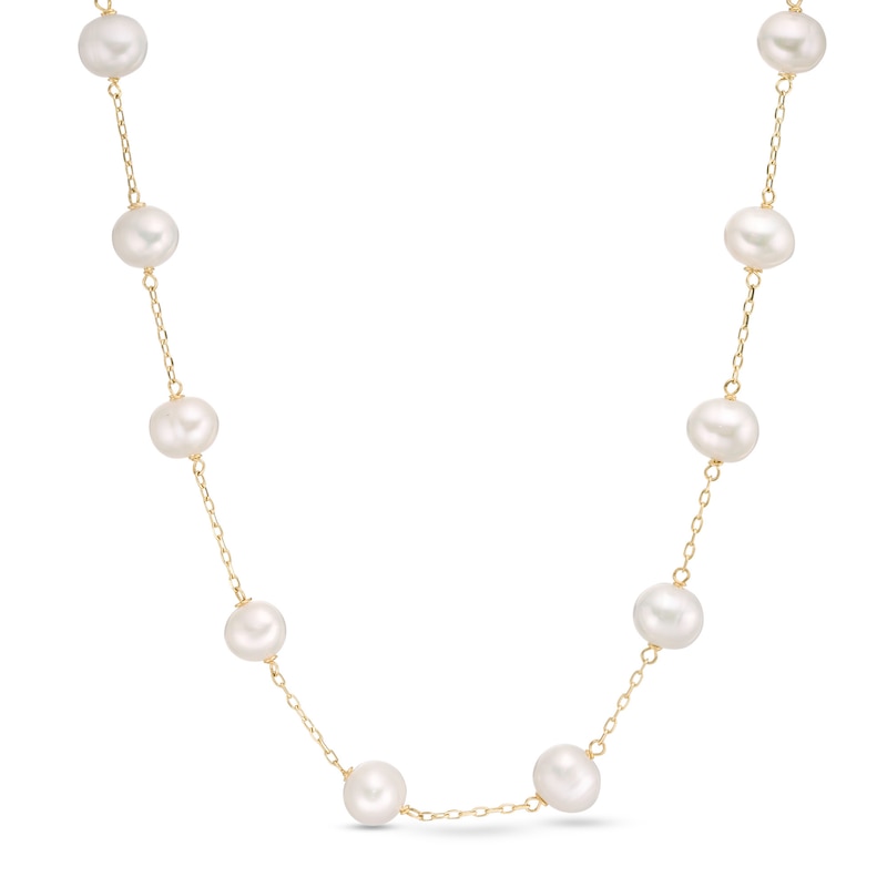 Main Image 1 of 6.0-7.0mm Freshwater Cultured Pearl Station Necklace in 14K Gold