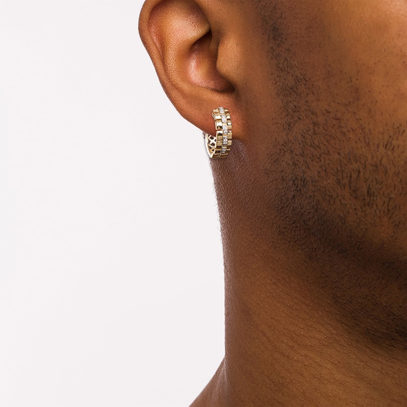 Main Image 2 of Men's 1/20 CT. T.W. Diamond Triple Row Link Chain Huggie Hoop Earrings in 10K Two-Tone Gold