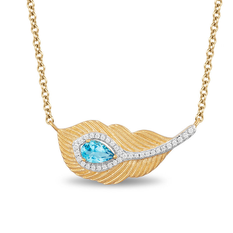 Enchanted Disney Jasmine Sideways Pear-Shaped Blue Topaz and 1/10 CT. T.W. Diamond Peacock Feather Necklace in 10K Gold