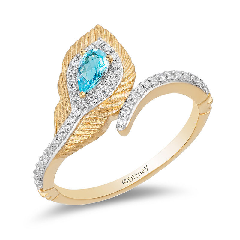 Enchanted Disney Jasmine Pear-Shaped Blue Topaz and 1/6 CT. T.W. Diamond Peacock Feather Bypass Wrap Ring in 10K Gold