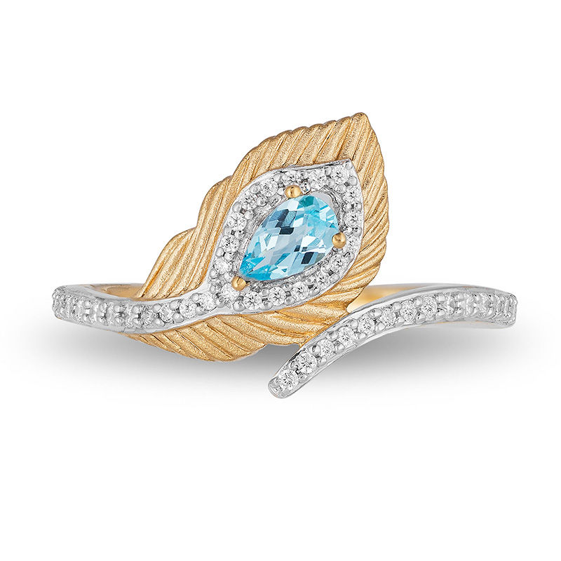 Enchanted Disney Jasmine Pear-Shaped Blue Topaz and 1/6 CT. T.W. Diamond Peacock Feather Bypass Wrap Ring in 10K Gold