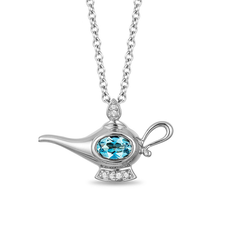 Enchanted Disney Jasmine Oval Blue Topaz and Diamond Accent Genie Lamp Pendant in Sterling Silver - 19"