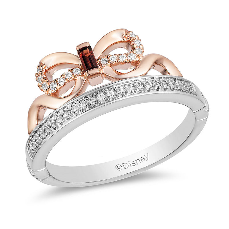 Enchanted Disney Snow White Garnet and 1/10 CT. T.W. Diamond Bow Ring in Sterling Silver and 10K Rose Gold