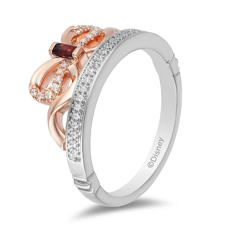 Enchanted Disney Snow White Garnet and 1/10 CT. T.W. Diamond Bow Ring in Sterling Silver and 10K Rose Gold