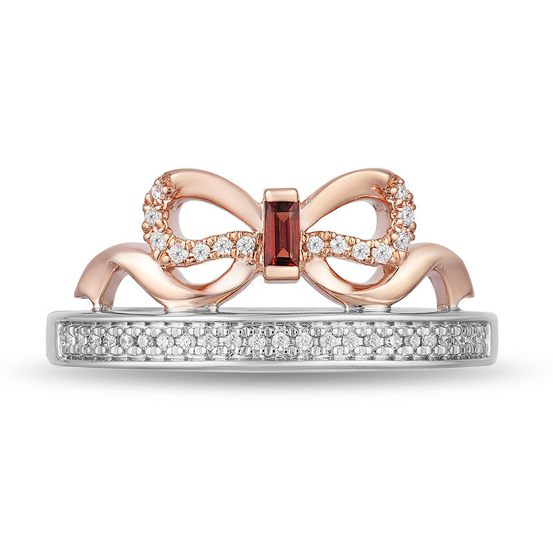 Enchanted Disney Snow White Garnet and 1/10 CT. T.W. Diamond Bow Ring in Sterling Silver and 10K Rose Gold