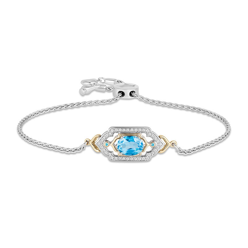 Enchanted Disney Jasmine Oval Blue Topaz and 1/5 CT. T.W. Diamond Bolo Bracelet in Sterling Silver and 10K Gold - 8.5"