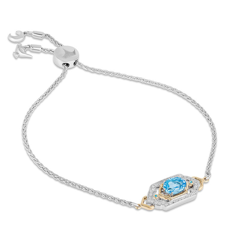 Enchanted Disney Jasmine Oval Blue Topaz and 1/5 CT. T.W. Diamond Bolo Bracelet in Sterling Silver and 10K Gold - 8.5"